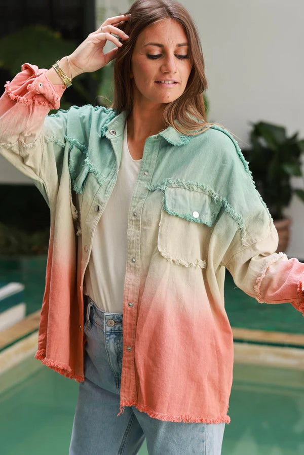 Water Green Ombre Denim Snap Button Shirt