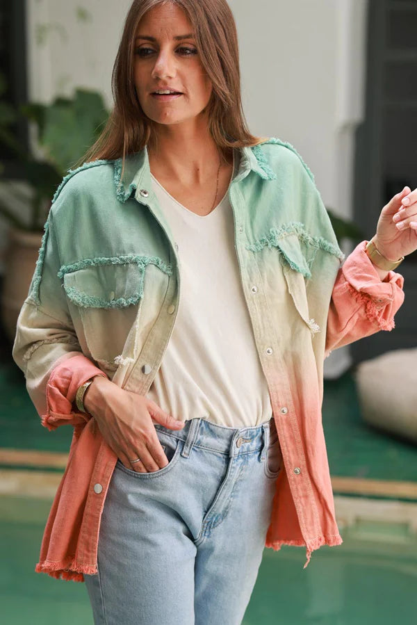 Water Green Ombre Denim Snap Button Shirt