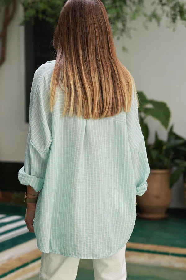 Water Green Pinstripe Woven Split Neck Tunic