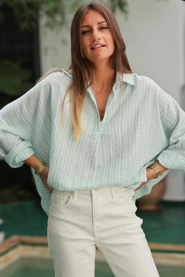 Water Green Pinstripe Woven Split Neck Tunic