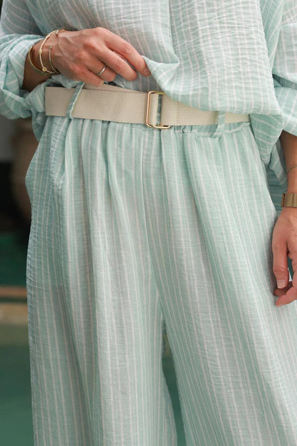 Water Green Pinstripe Woven Wide-Leg Pants