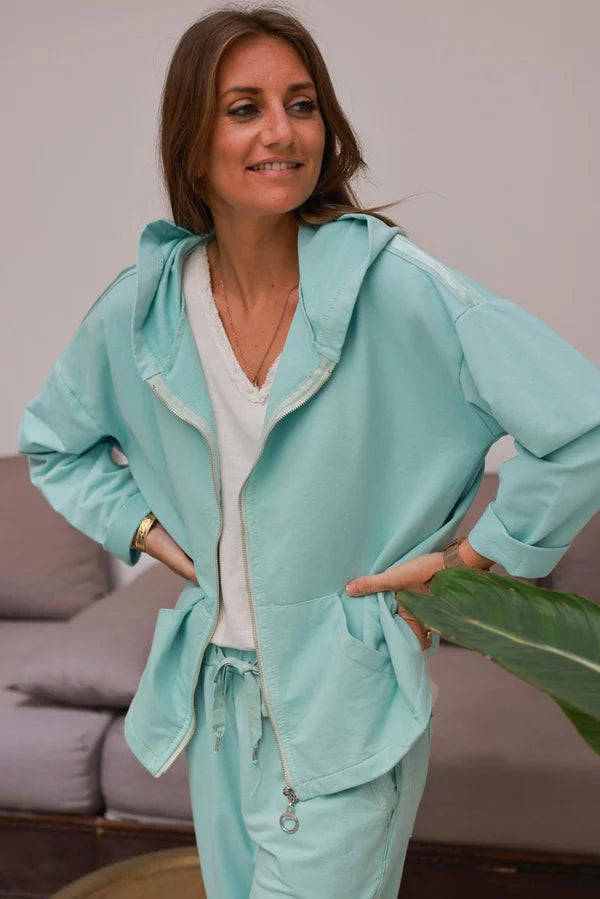 Water green Satin Stripe Stretch Knit Zip Hoodie