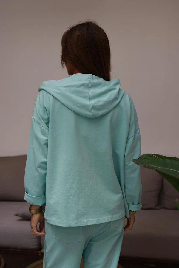 Water green Satin Stripe Stretch Knit Zip Hoodie