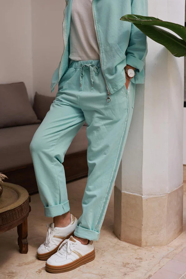 Water green Satin Trim Ponte Knit Pull-On Pants