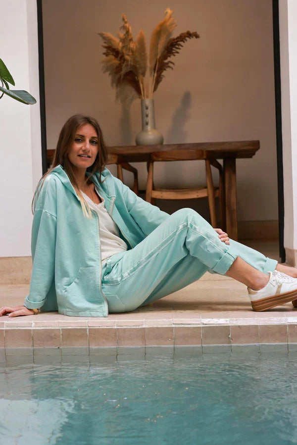 Water green Satin Trim Ponte Knit Pull-On Pants