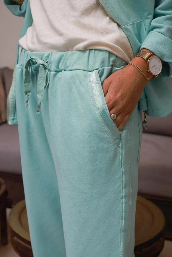 Water green Satin Trim Ponte Knit Pull-On Pants