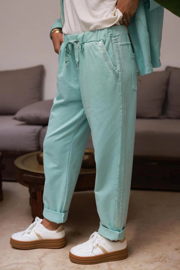 Water green Satin Trim Ponte Knit Pull-On Pants
