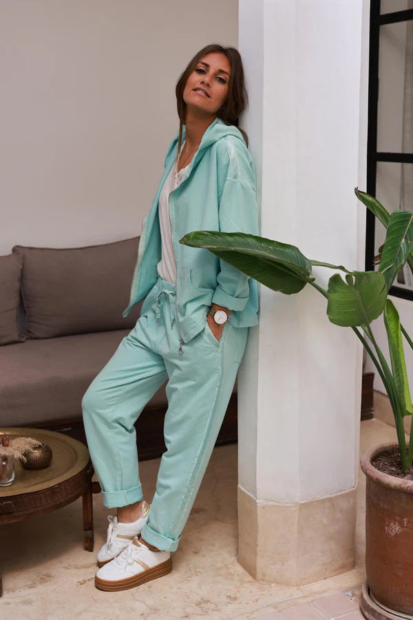 Water green Satin Trim Ponte Knit Pull-On Pants