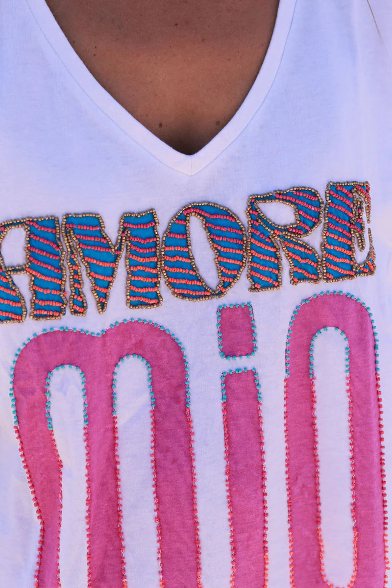 White “Amore Mio” Slouchy V-Neck Tee