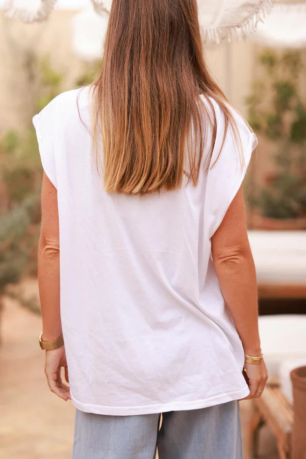 White AMOUR Beaded Cap-Sleeve Tee