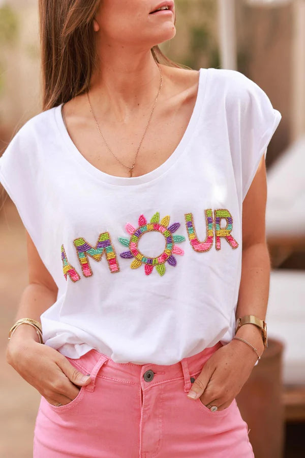 White AMOUR Beaded Cap-Sleeve Tee