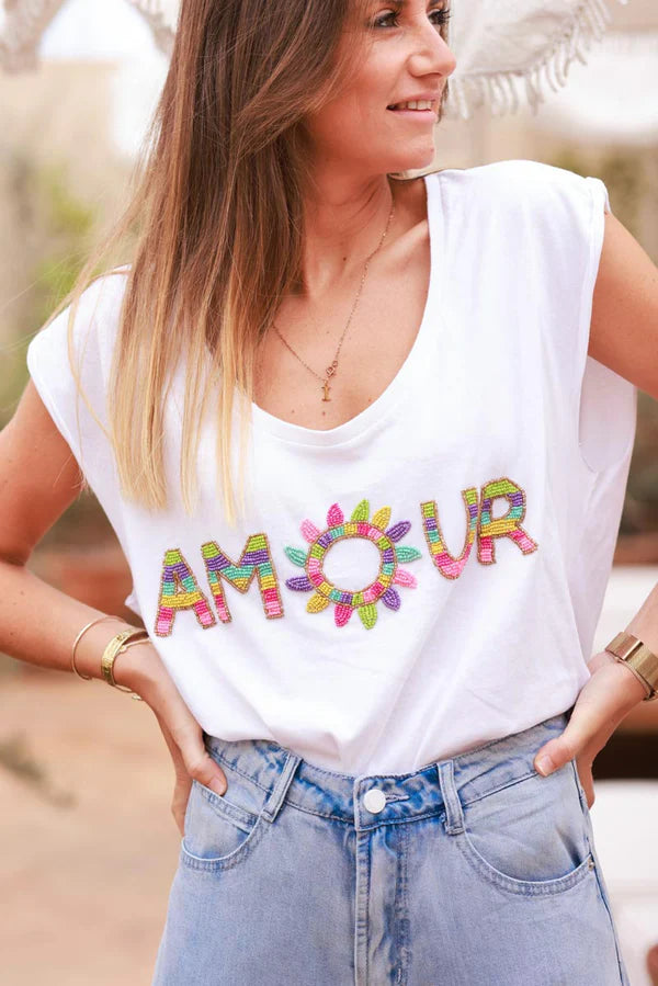 White AMOUR Beaded Cap-Sleeve Tee