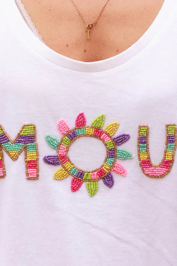 White AMOUR Beaded Cap-Sleeve Tee