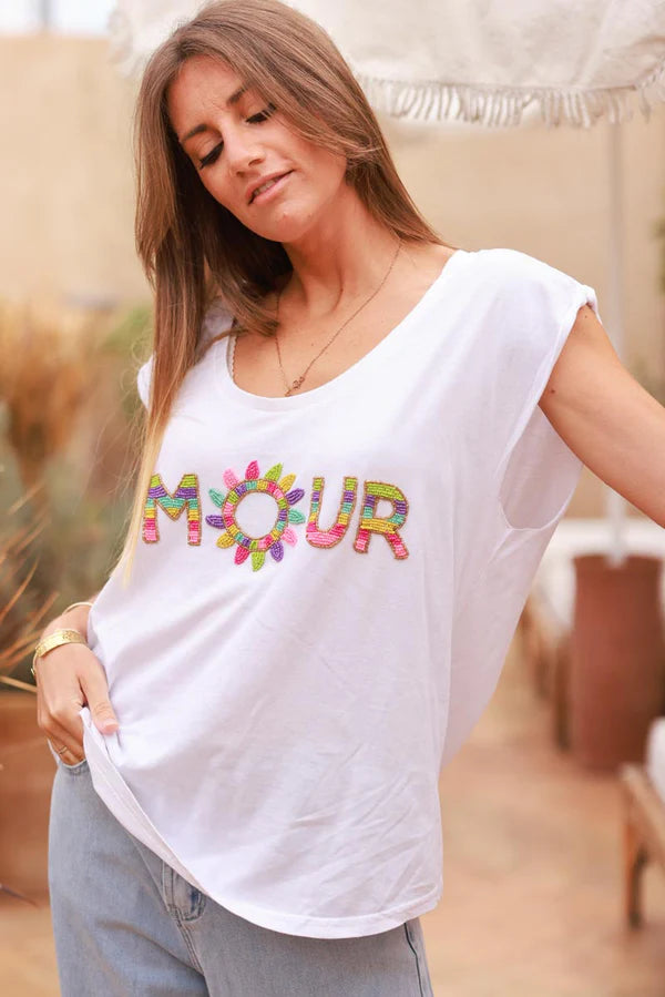 White AMOUR Beaded Cap-Sleeve Tee