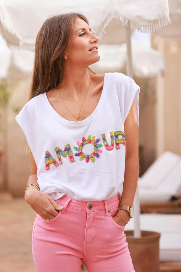 White AMOUR Beaded Cap-Sleeve Tee