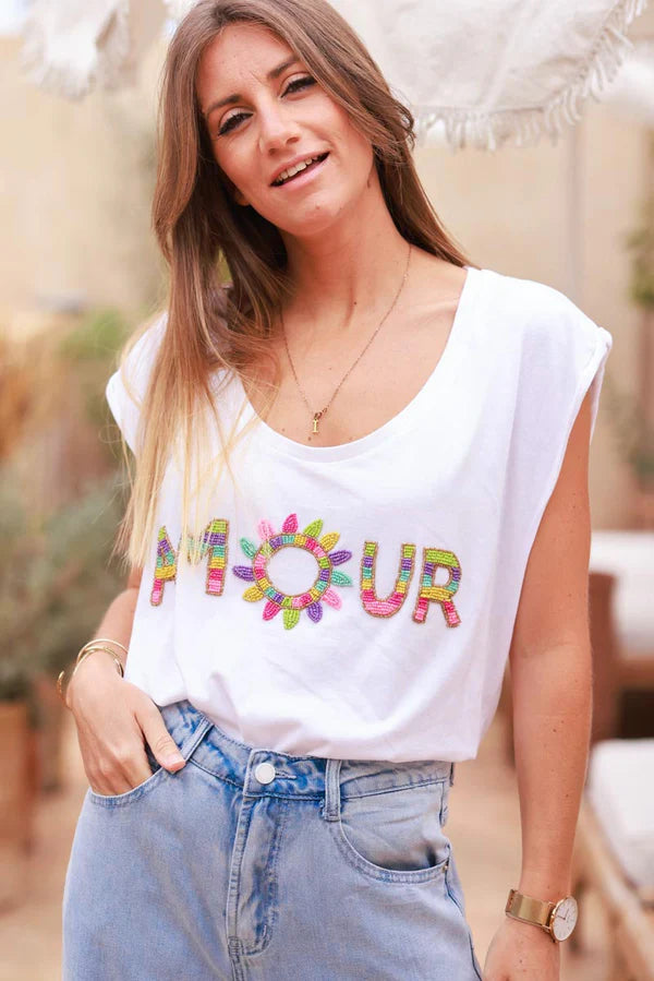 White AMOUR Beaded Cap-Sleeve Tee