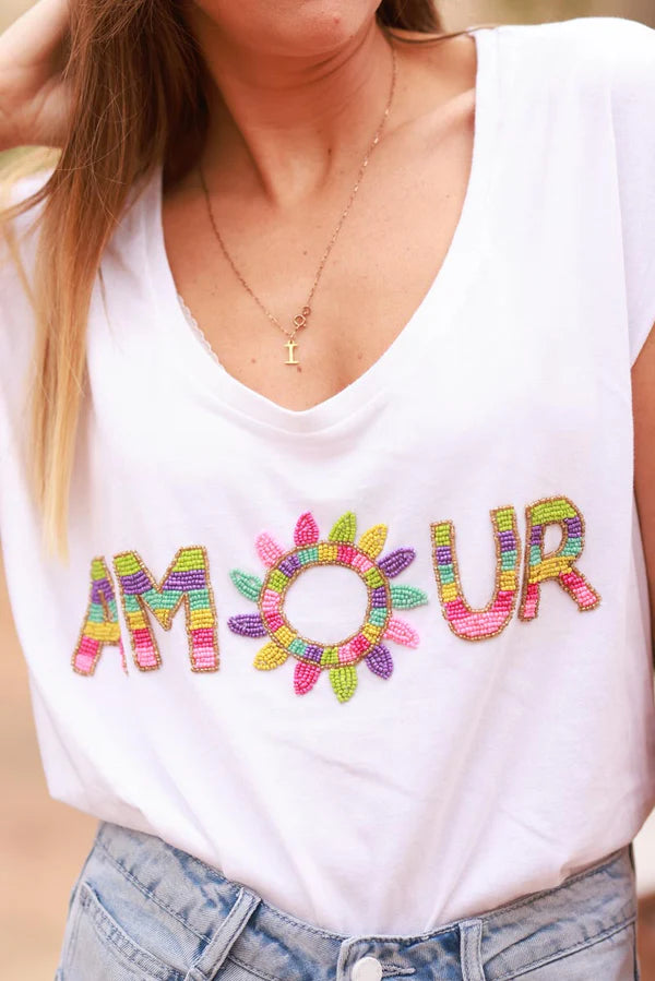 White AMOUR Beaded Cap-Sleeve Tee