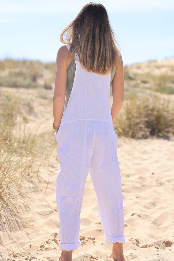 White Cotton and Linen Flowing Overalls