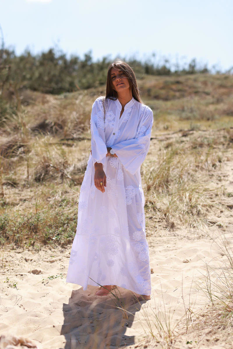 White Cotton Applique Resort Dress