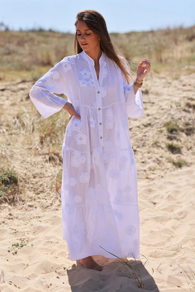 White Cotton Applique Resort Dress