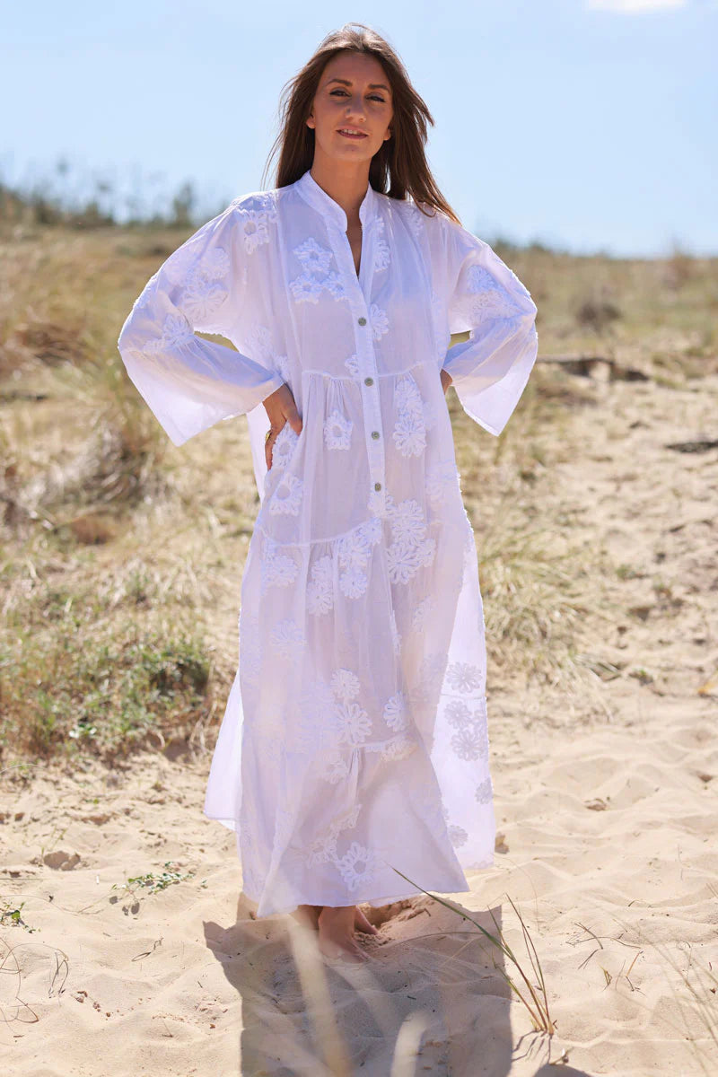 White Cotton Applique Resort Dress