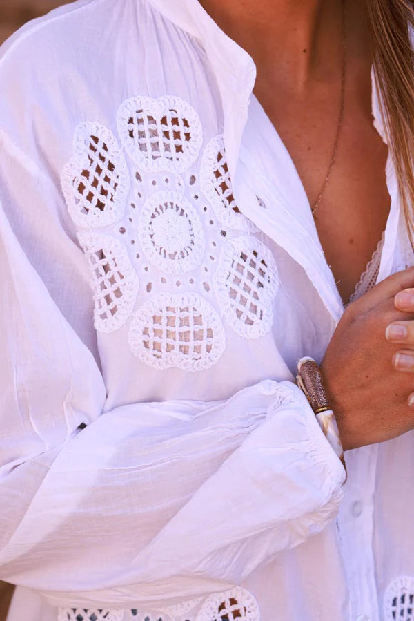 White Cotton Crochet Floral Inset Blouse