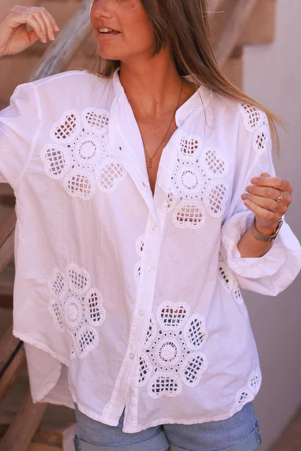 White Cotton Crochet Floral Inset Blouse