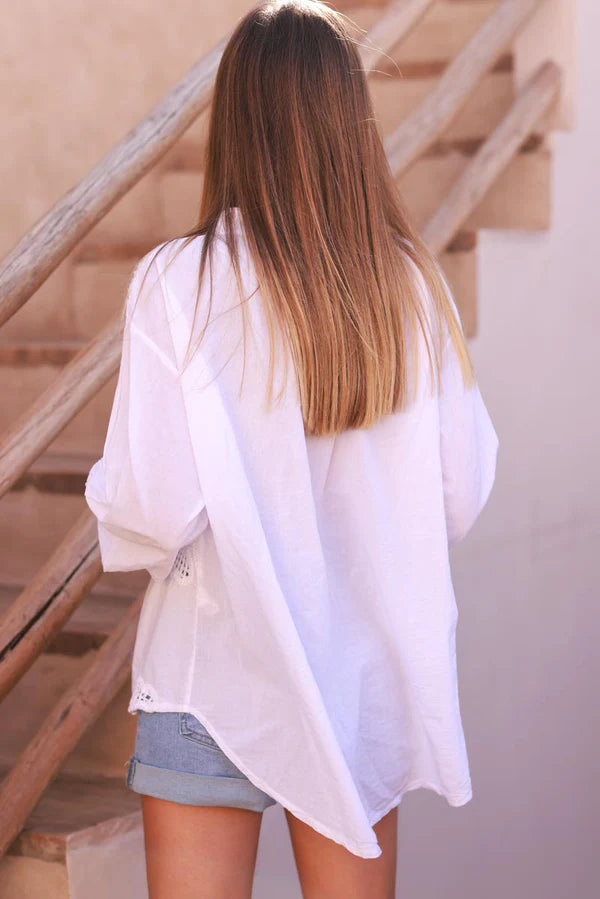 White Cotton Crochet Floral Inset Blouse