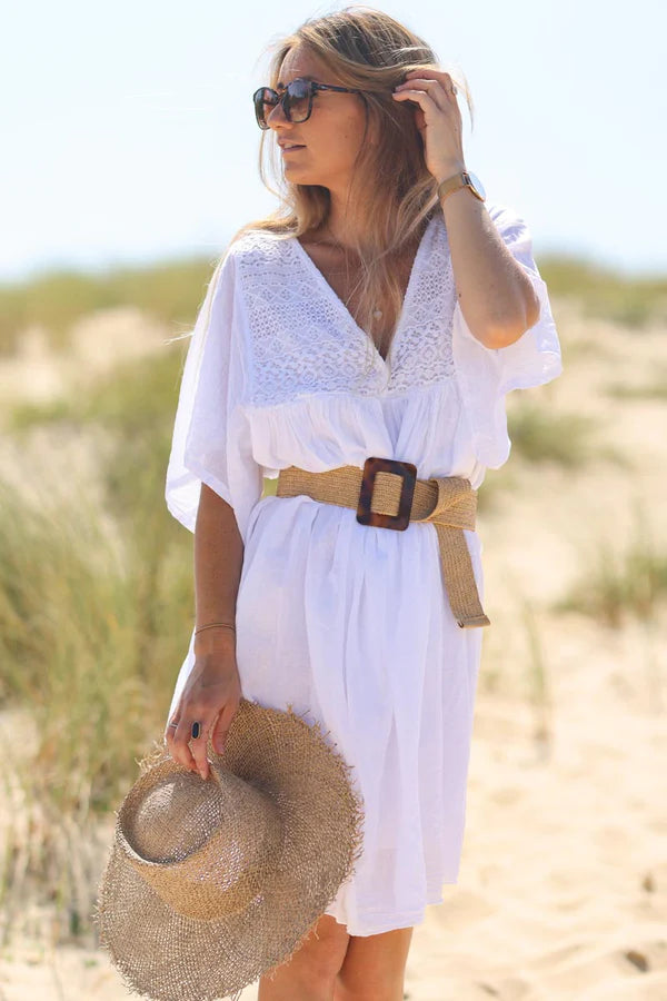 White floaty cotton dress with lace detail