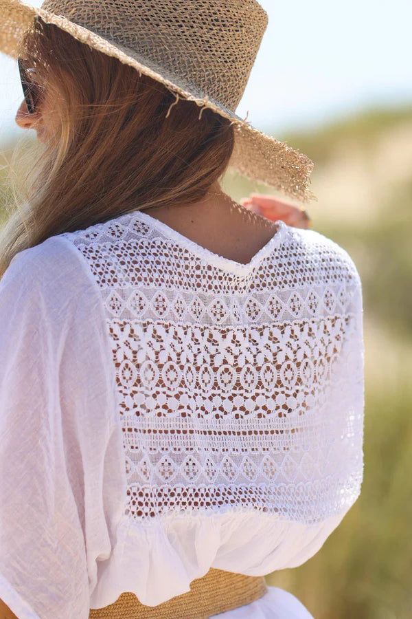 White floaty cotton dress with lace detail