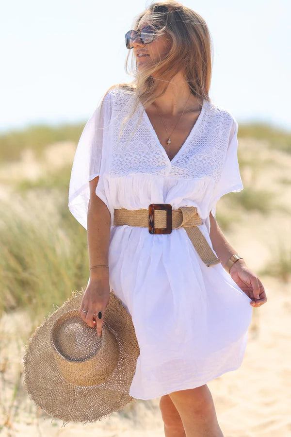 White floaty cotton dress with lace detail