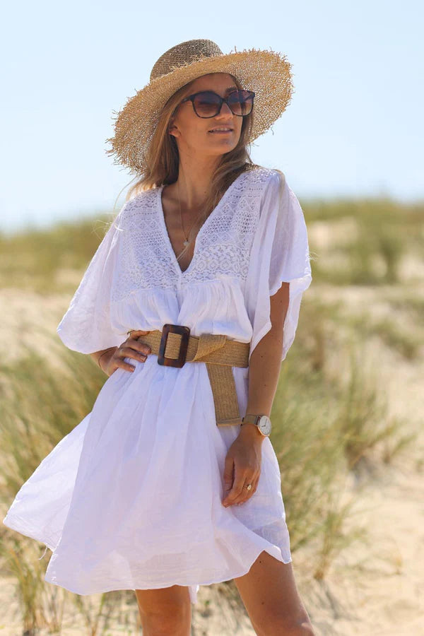 White floaty cotton dress with lace detail