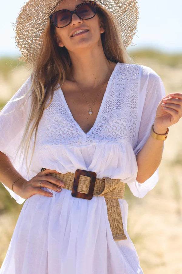 White floaty cotton dress with lace detail