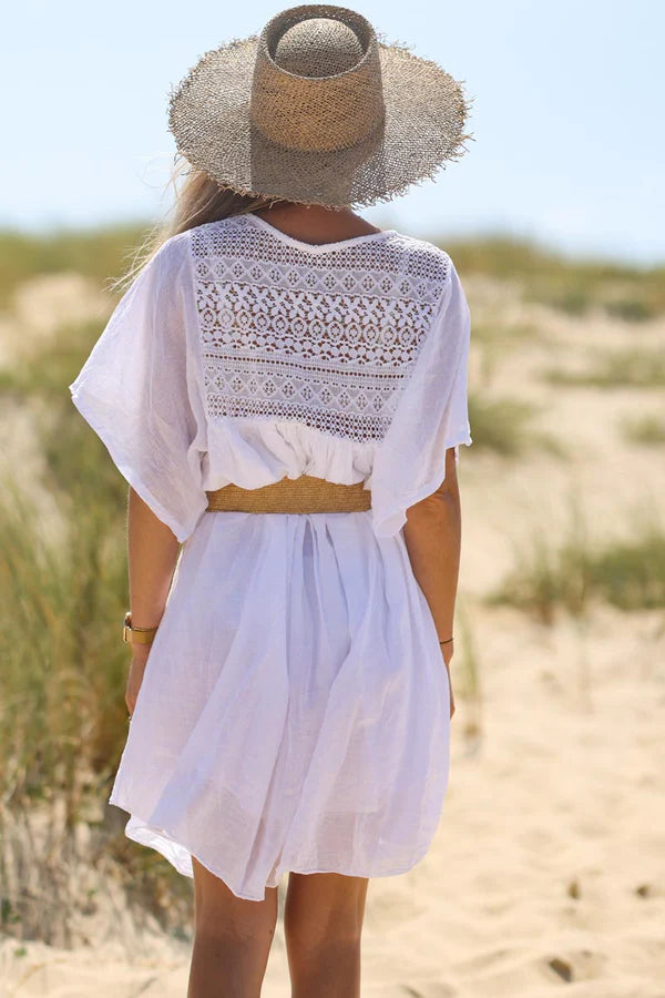 White floaty cotton dress with lace detail