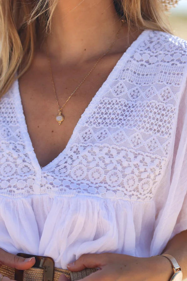 White floaty cotton dress with lace detail