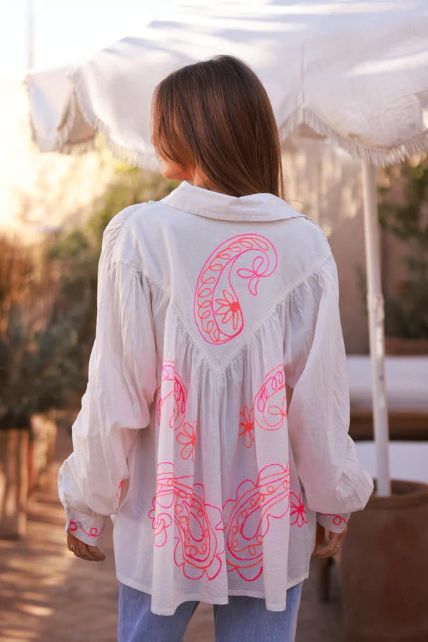 White Cotton Paisley Motif Drape Back Blouse