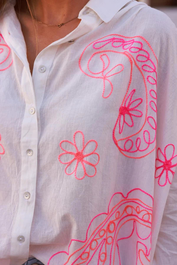 White Cotton Paisley Motif Drape Back Blouse
