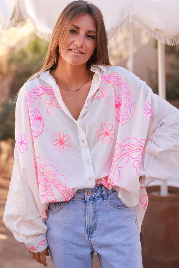 White Cotton Paisley Motif Drape Back Blouse