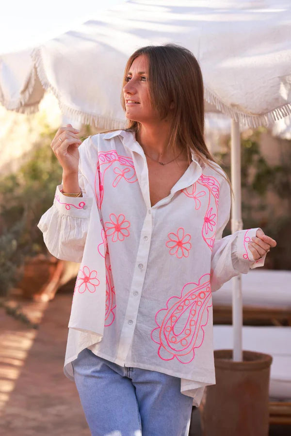 White Cotton Paisley Motif Drape Back Blouse