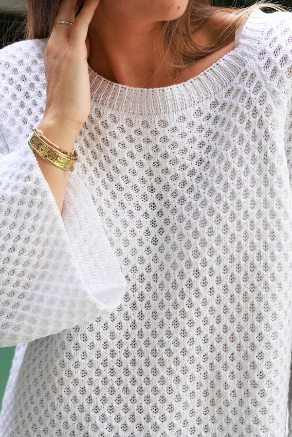 White Cotton Textured Waffle Knit Top