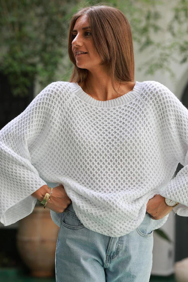 White Cotton Textured Waffle Knit Top