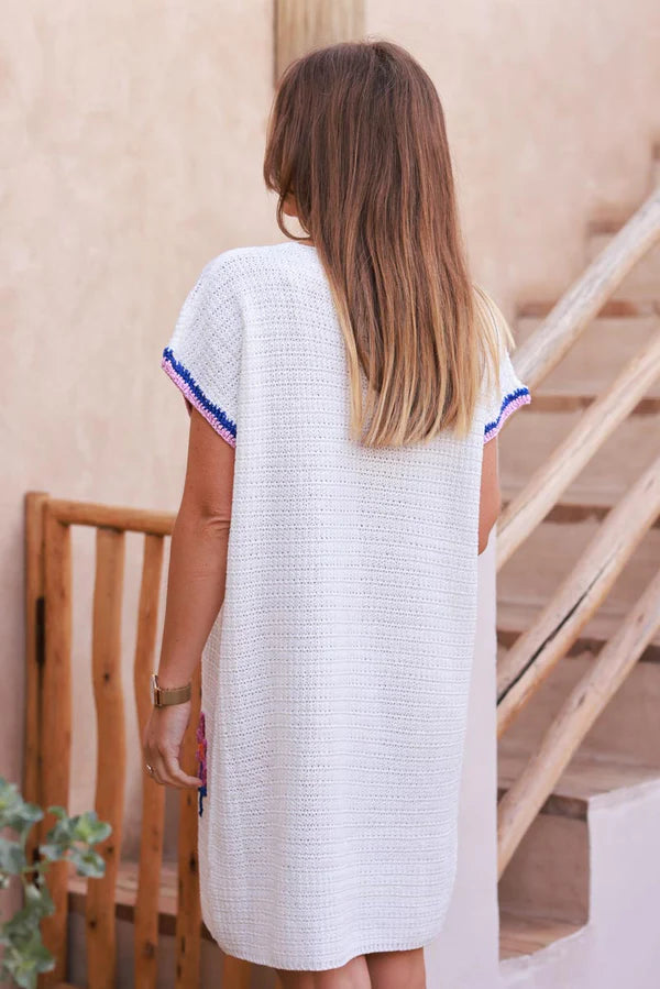 White Crochet Floral Garden Cap-Sleeve Dress
