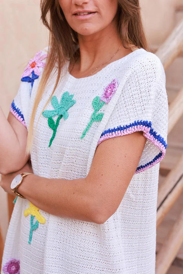 White Crochet Floral Garden Cap-Sleeve Dress