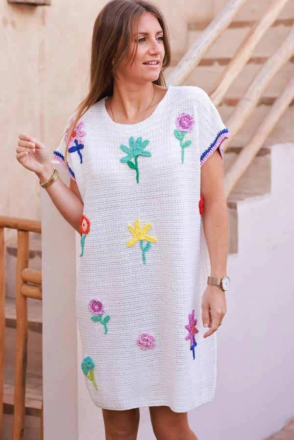 White Crochet Floral Garden Cap-Sleeve Dress