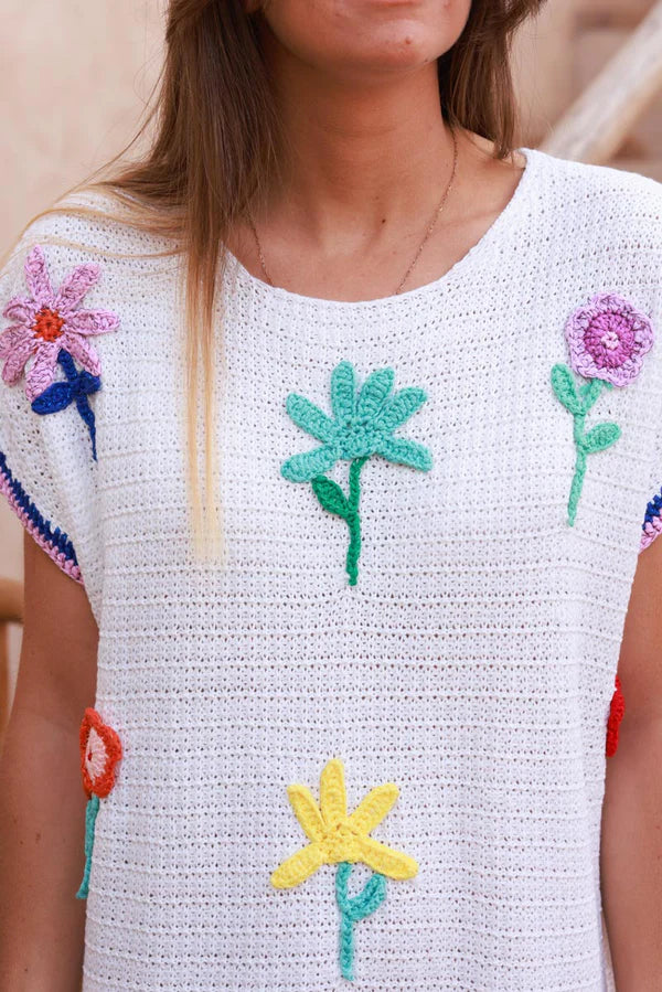 White Crochet Floral Garden Cap-Sleeve Dress