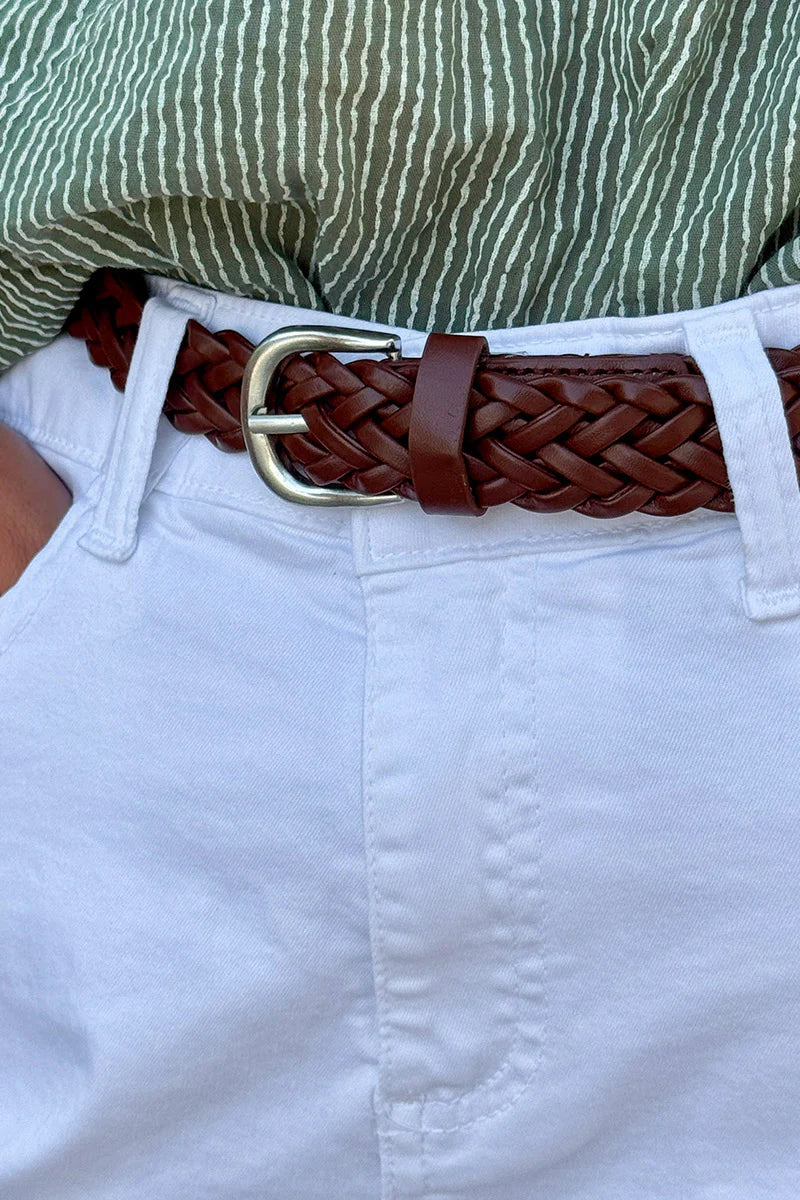 White Denim Belted Shorts