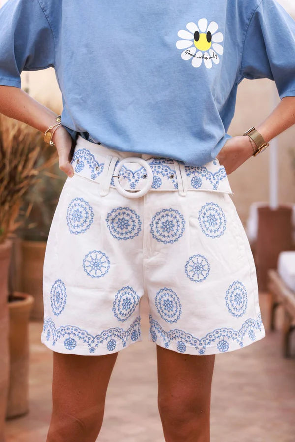 White Embroidered Blue Mandela Belted Shorts