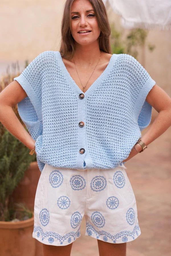White Embroidered Blue Mandela Belted Shorts