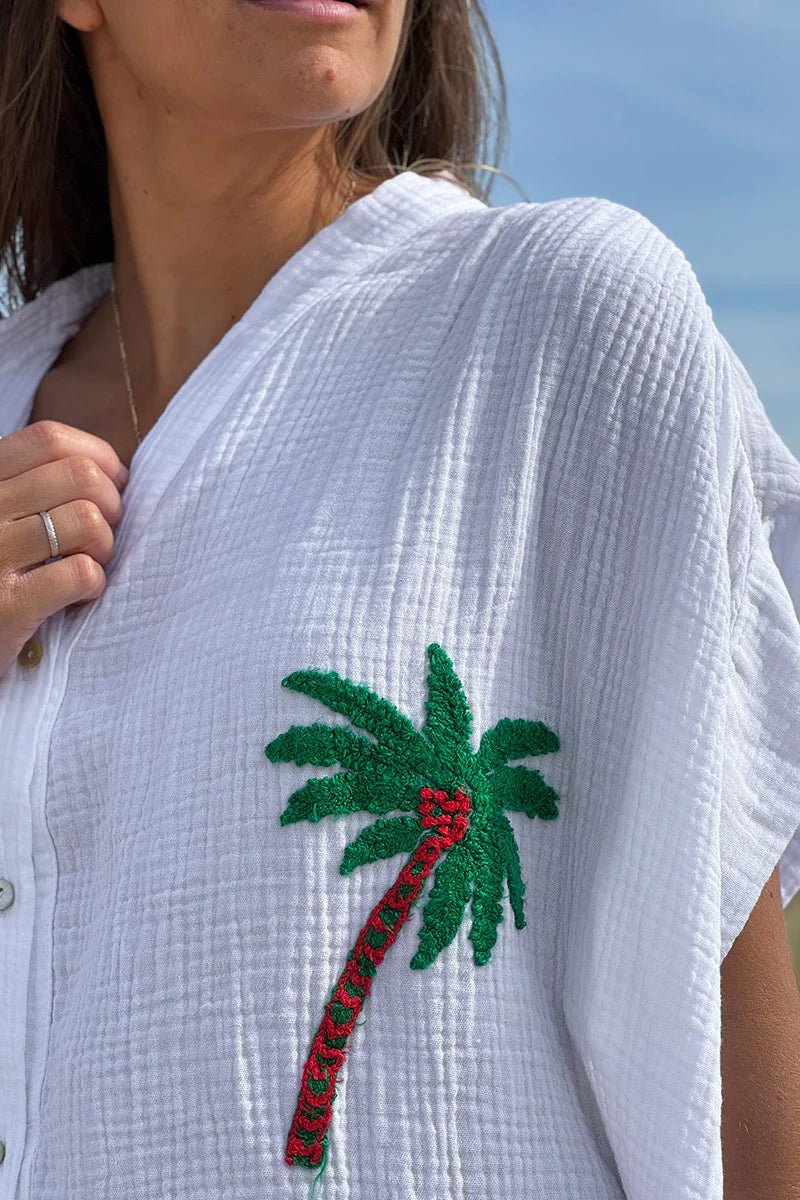 White Embroidered Gauze Button-Down Blouse