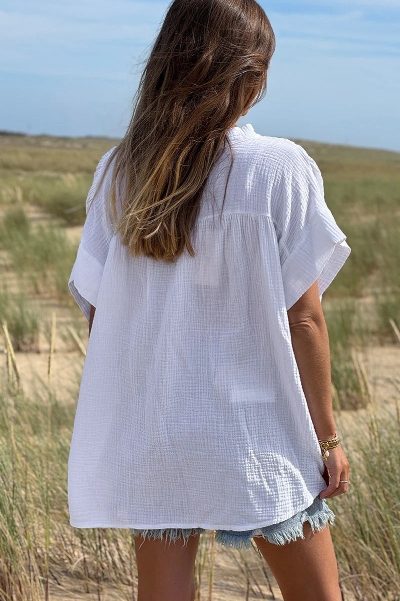 White Embroidered Gauze Button-Down Blouse